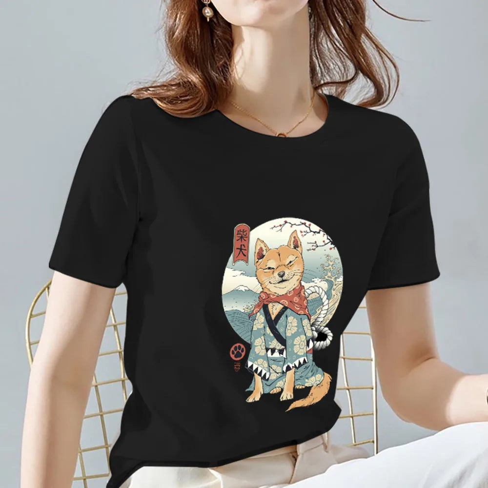 Orange Cat Pattern Printing Slim Round Neck Commuter Black T-shirt