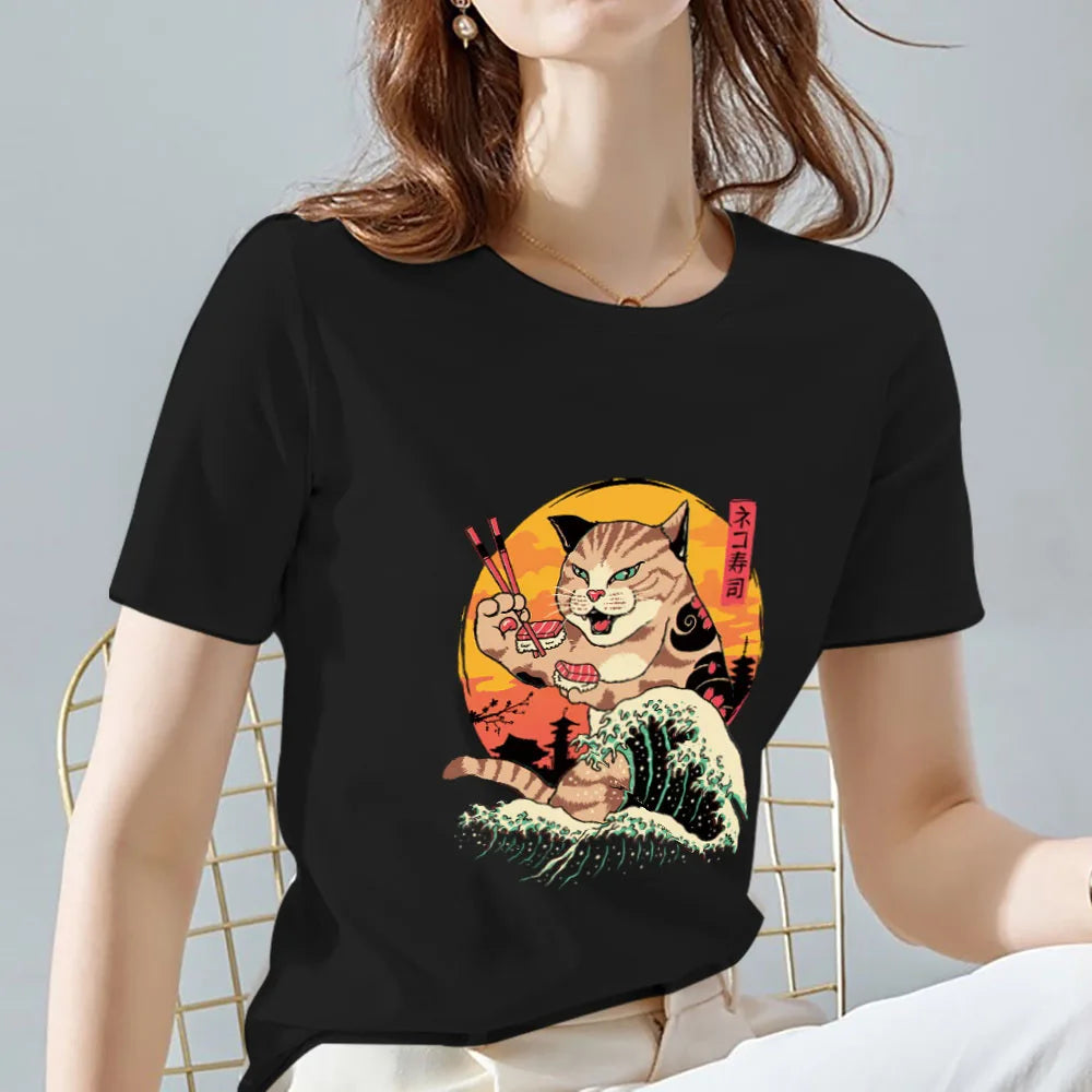 Orange Cat Pattern Printing Slim Round Neck Commuter Black T-shirt