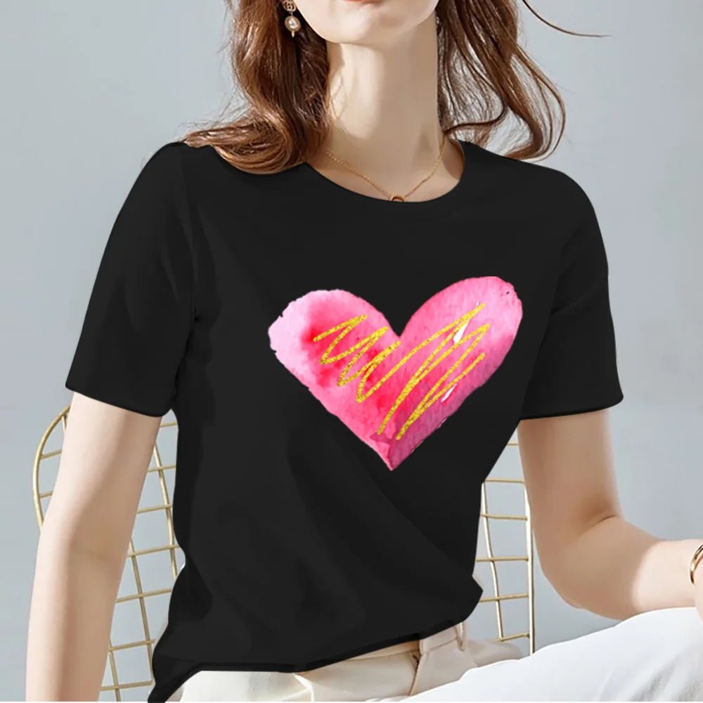 Ladies T-Shirts O Neck Love Heart Pattern Print