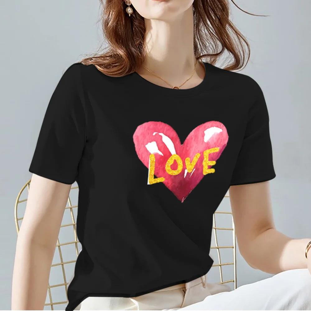Ladies T-Shirts O Neck Love Heart Pattern Print
