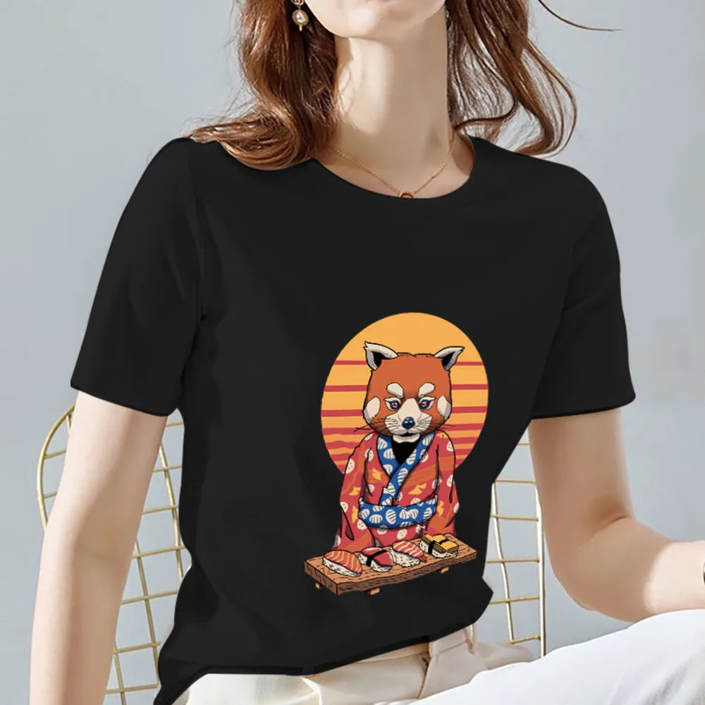 Orange Cat Pattern Printing Slim Round Neck Commuter Black T-shirt
