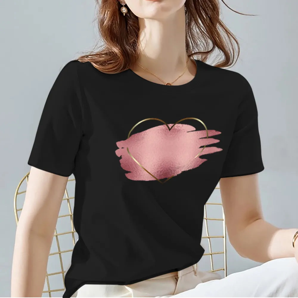 Ladies T-Shirts O Neck Love Heart Pattern Print