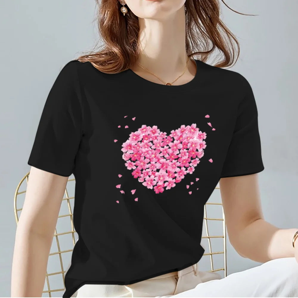 Ladies T-Shirts O Neck Love Heart Pattern Print