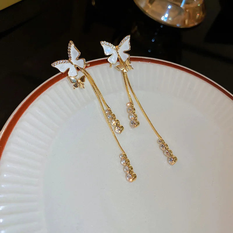 New Zircon Shell Butterfly Tassel Earrings