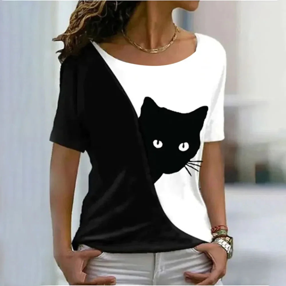 Women Harajuku Casual Cat Print Tops
