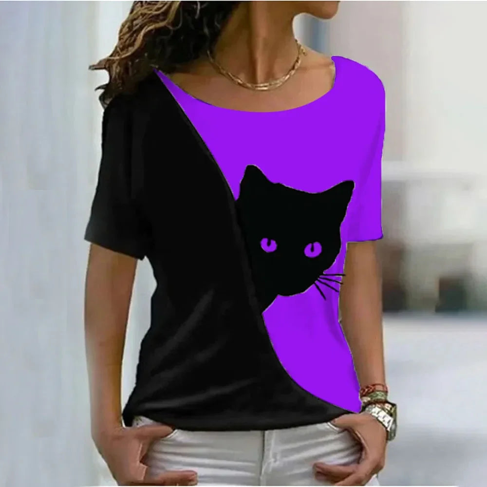 Women Harajuku Casual Cat Print Tops