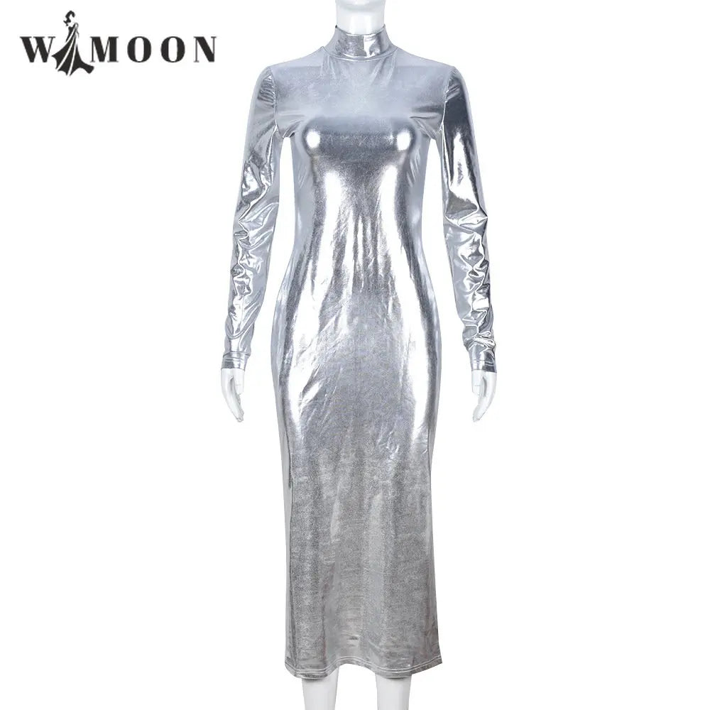 Silver Zipper Reflective Glossy Leather Long Sleeve Party Dress