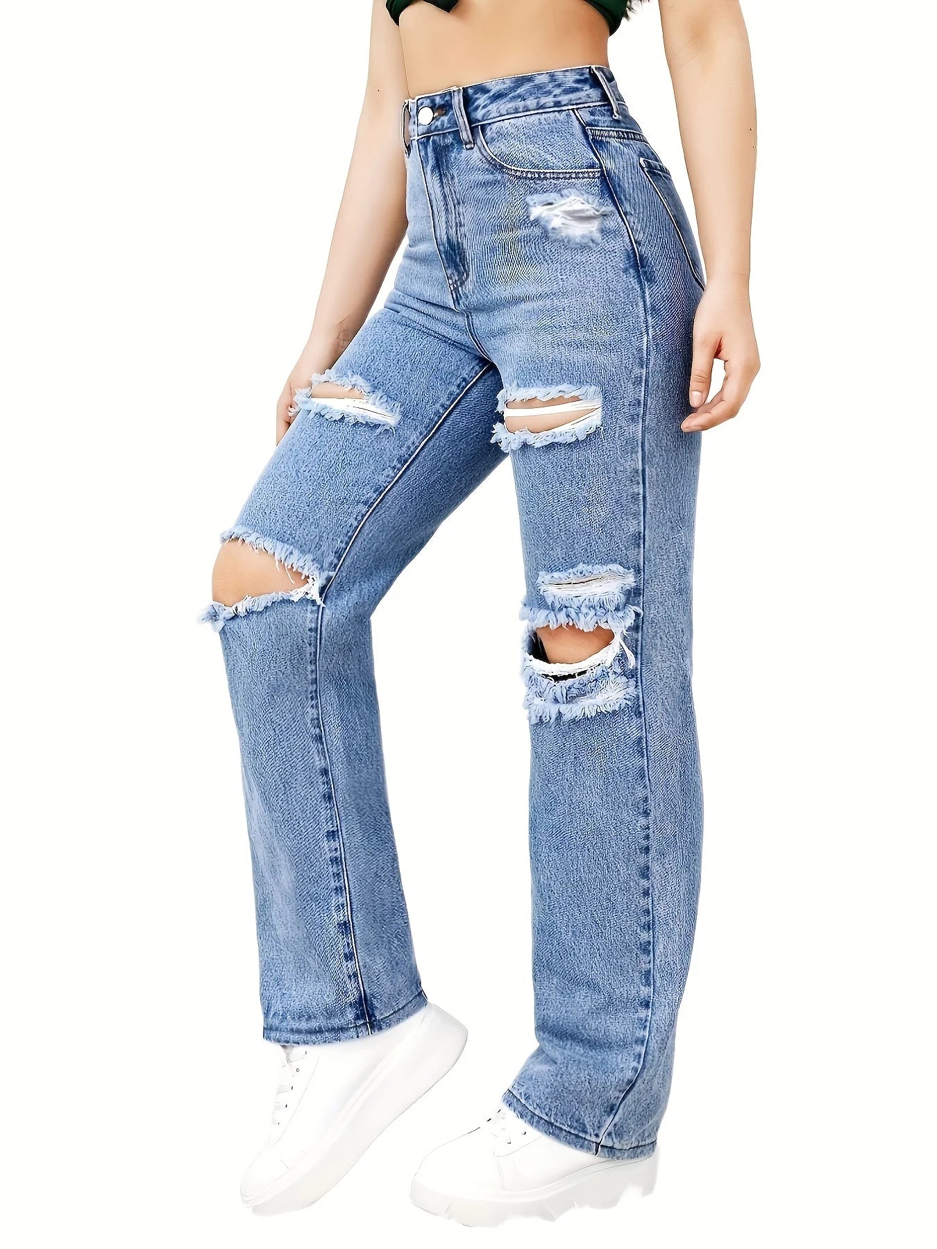 Blue Ripped Baggy Straight Jeans