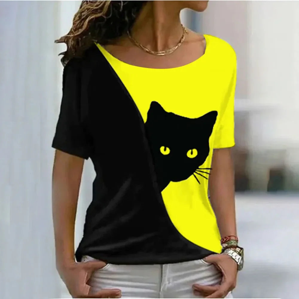 Women Harajuku Casual Cat Print Tops