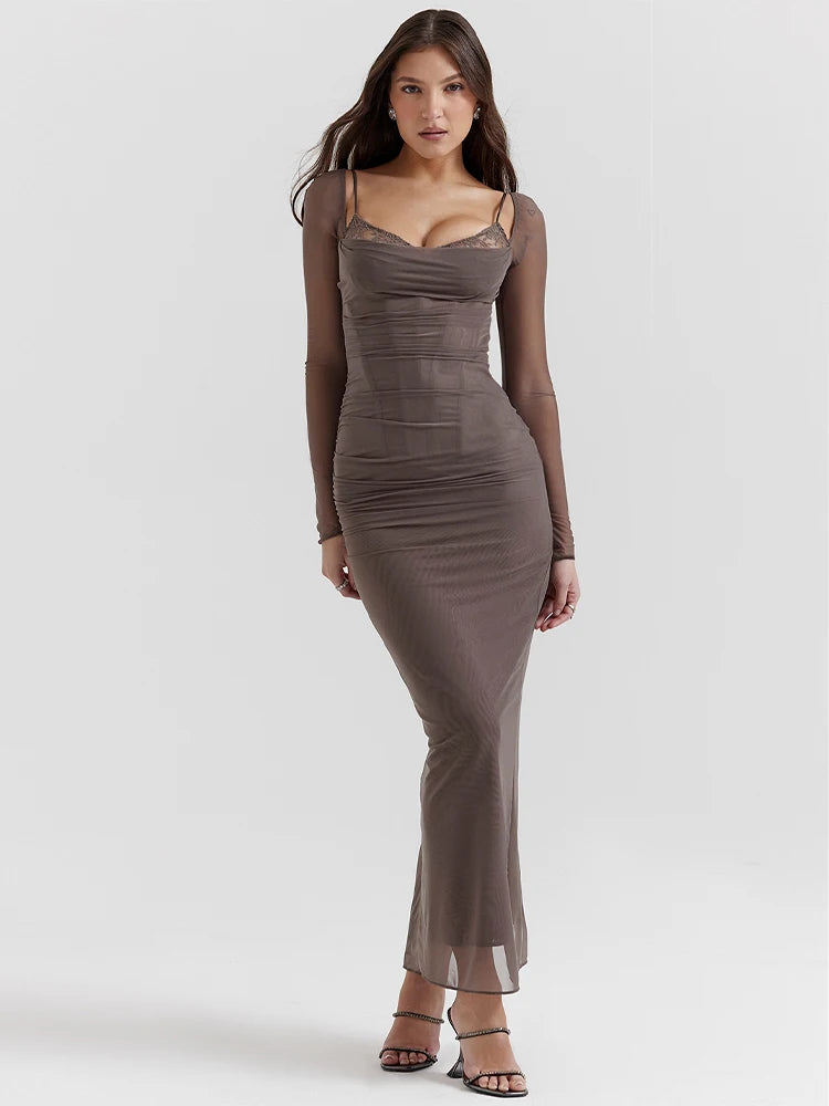Double Layer Women Sexy Solid Midi Dress