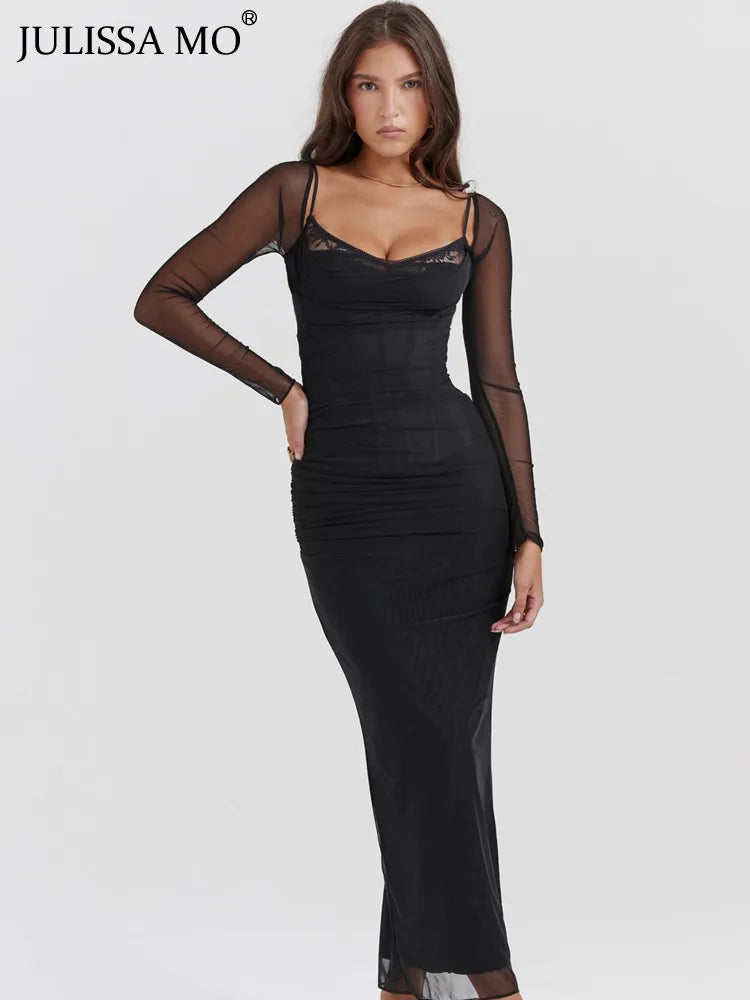 Double Layer Women Sexy Solid Midi Dress