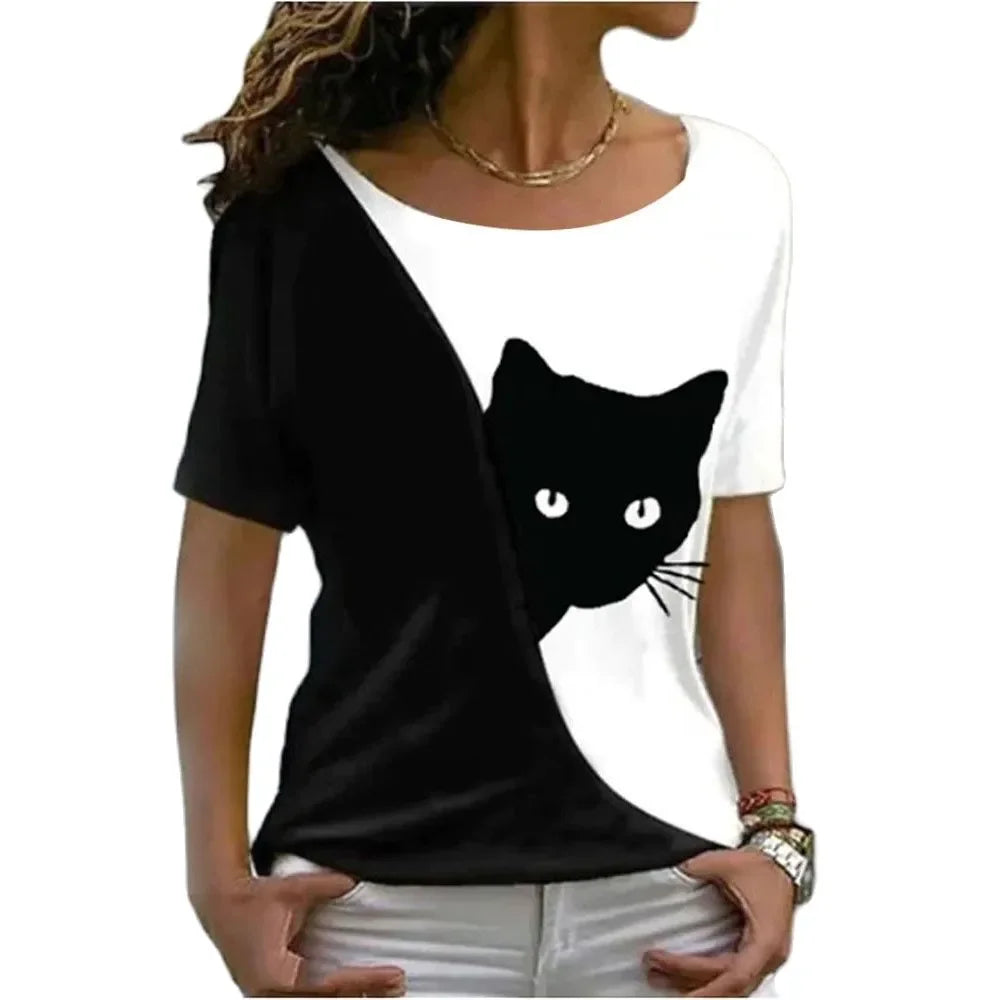 Women Harajuku Casual Cat Print Tops