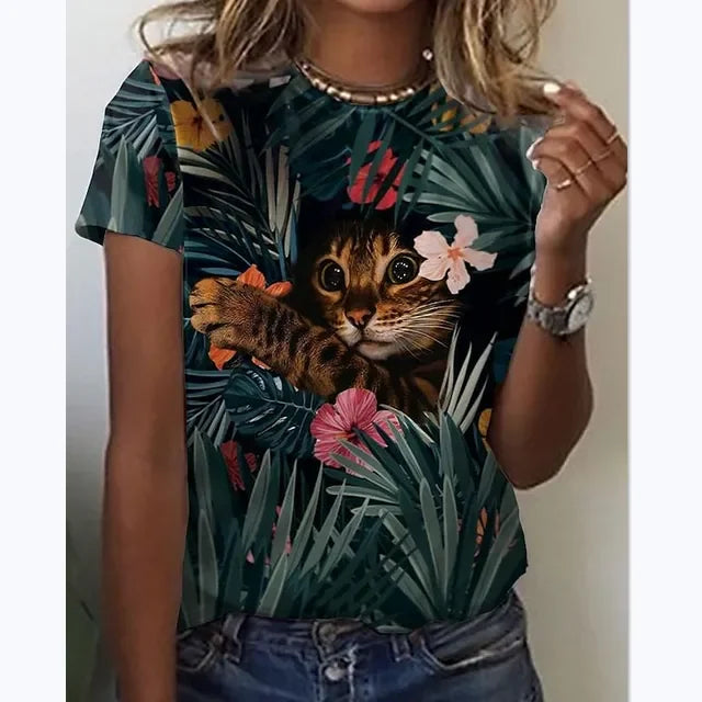 Women Harajuku Casual Cat Print Tops