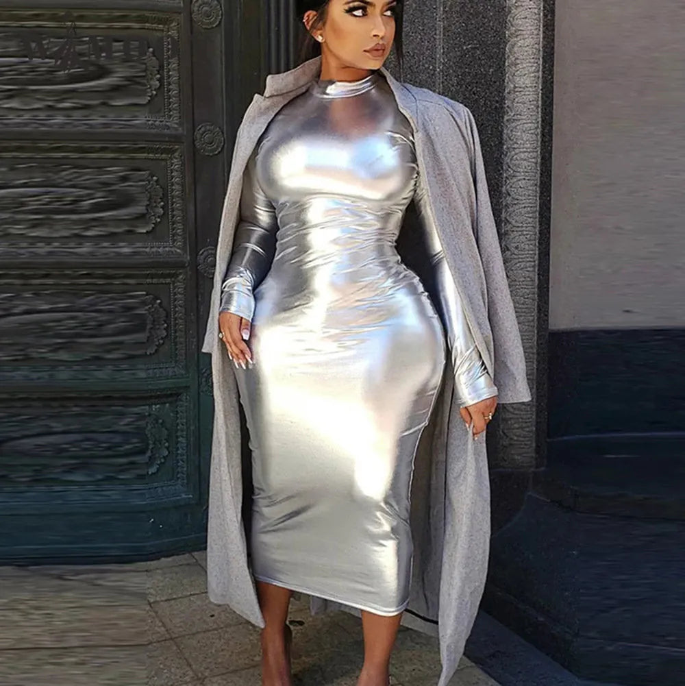 Silver Zipper Reflective Glossy Leather Long Sleeve Party Dress