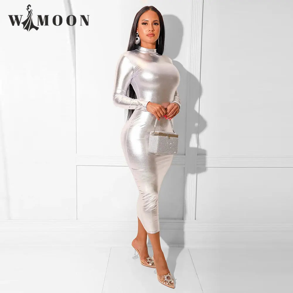 Silver Zipper Reflective Glossy Leather Long Sleeve Party Dress