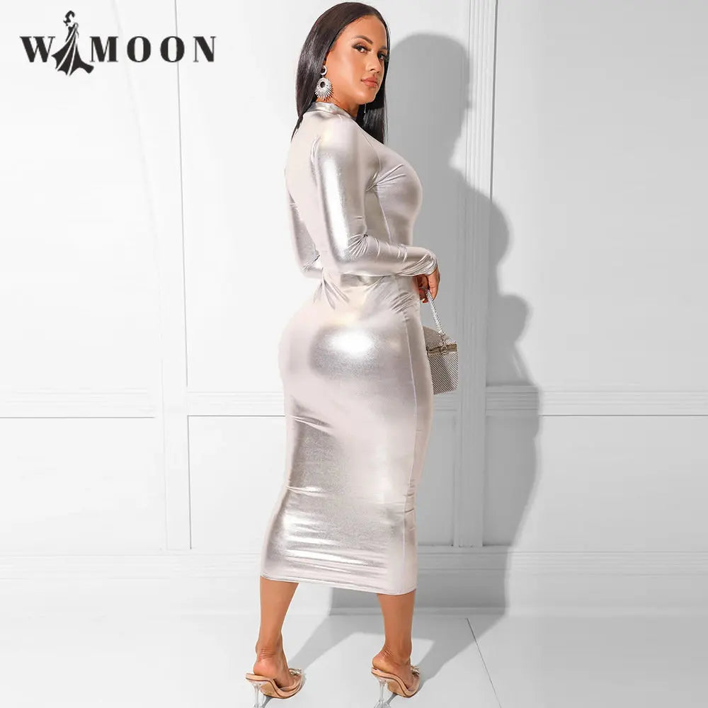 Silver Zipper Reflective Glossy Leather Long Sleeve Party Dress