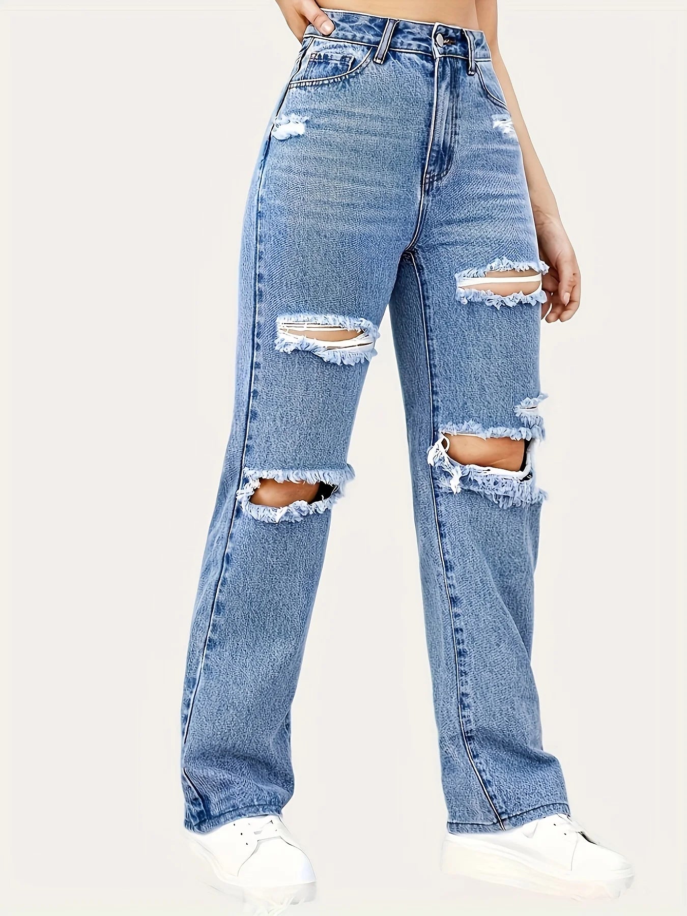Blue Ripped Baggy Straight Jeans