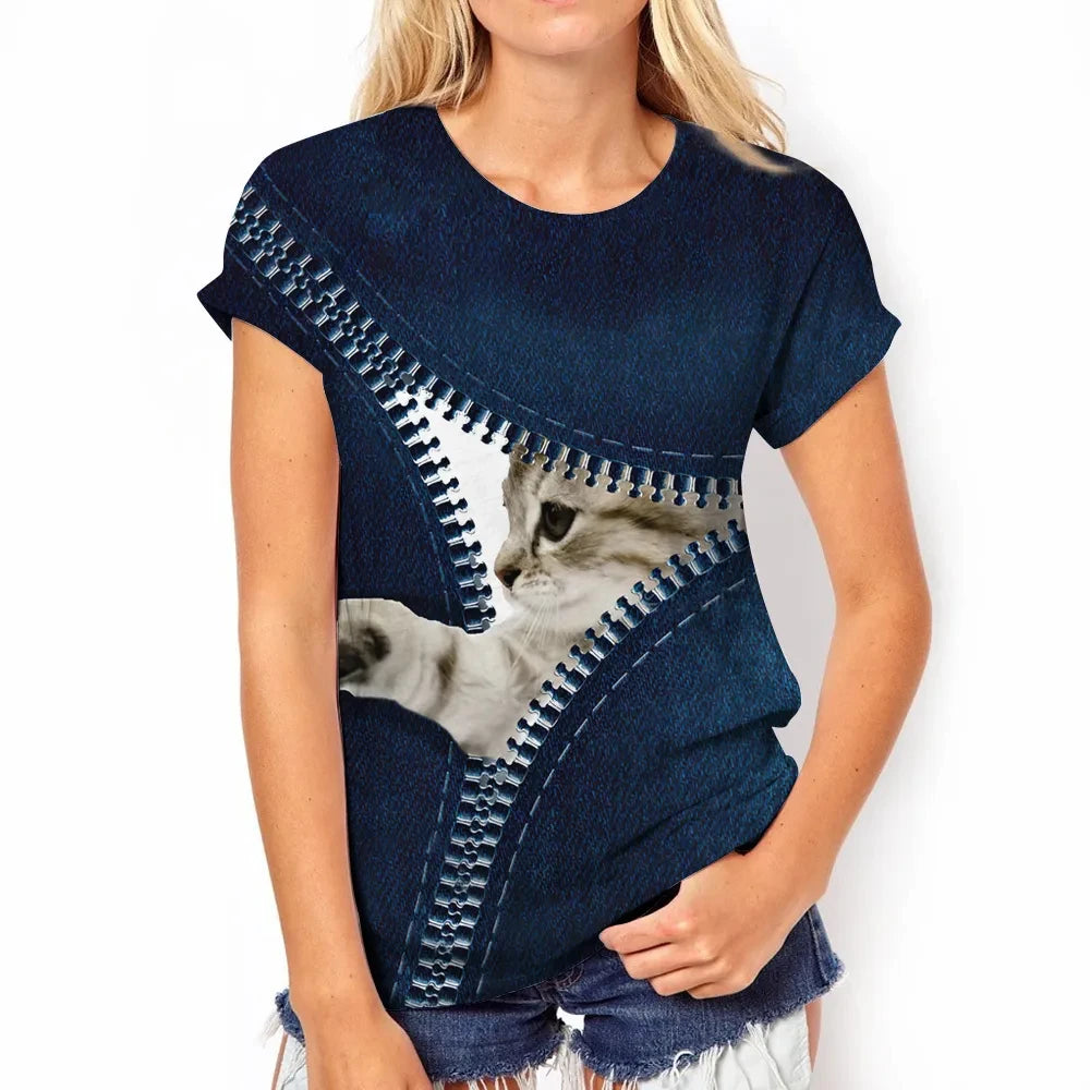 Women Harajuku Casual Cat Print Tops