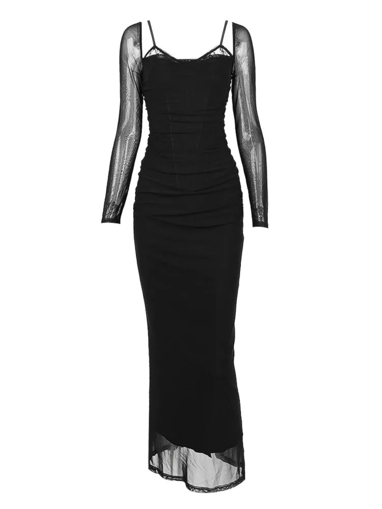 Double Layer Women Sexy Solid Midi Dress