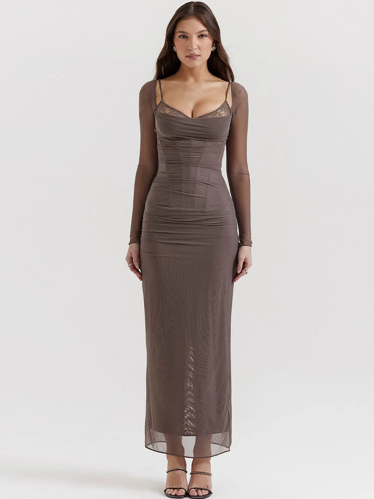 Double Layer Women Sexy Solid Midi Dress