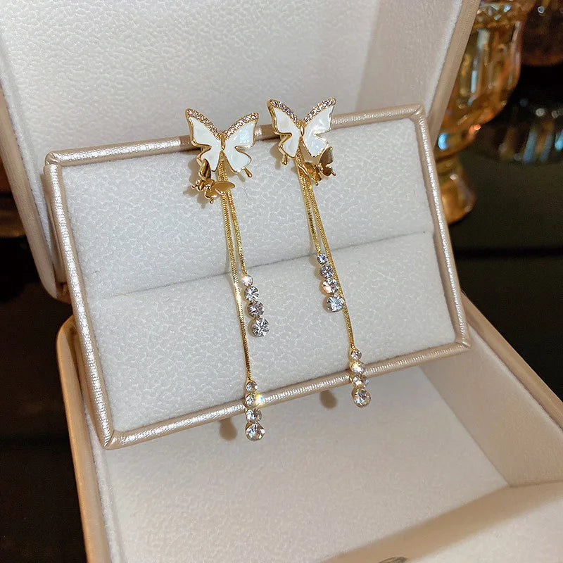 New Zircon Shell Butterfly Tassel Earrings