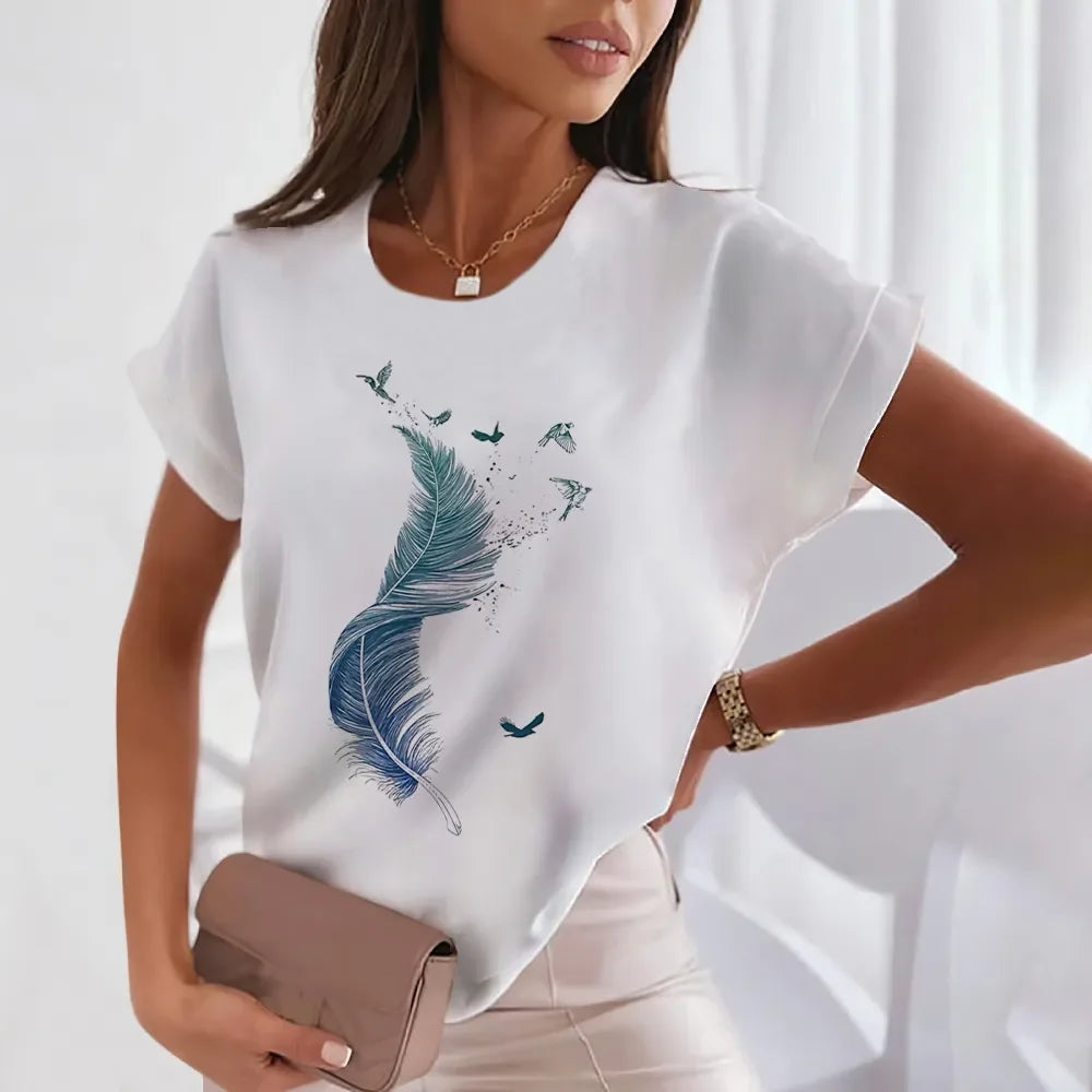 Summer Fashion Feather Printed Women's T-shirts