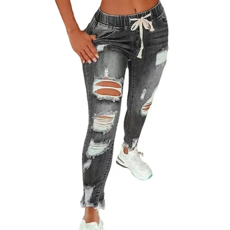 High European and American Waist Ripped Jeans