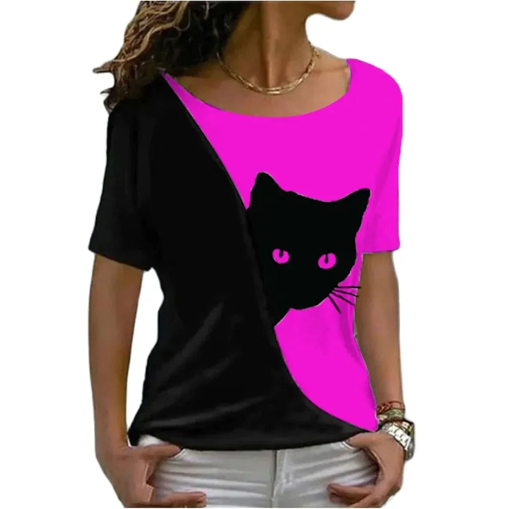 Women Harajuku Casual Cat Print Tops