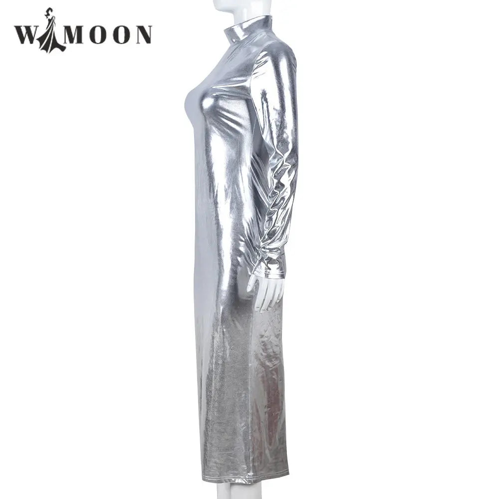 Silver Zipper Reflective Glossy Leather Long Sleeve Party Dress