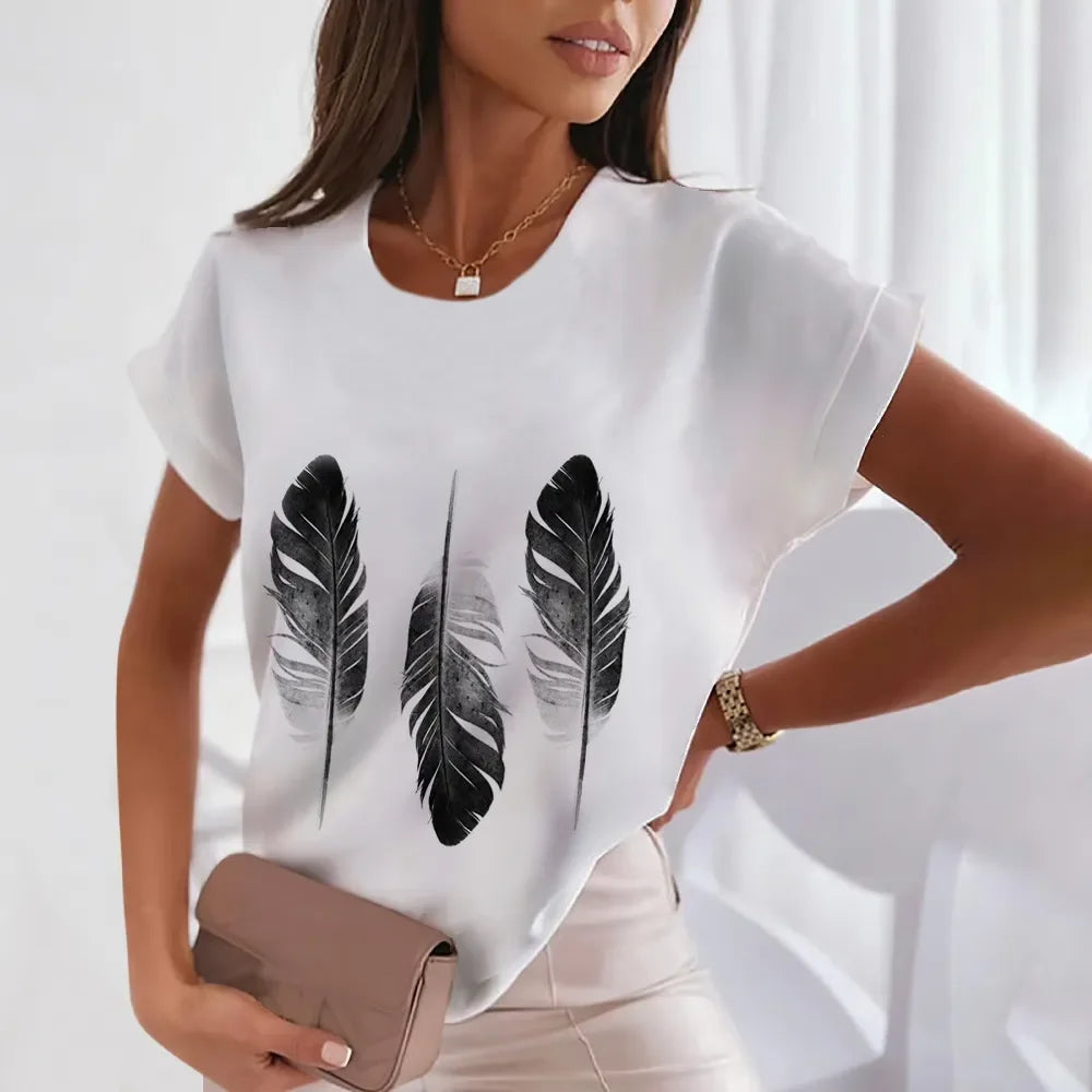 Summer Fashion Feather Printed Women's T-shirts