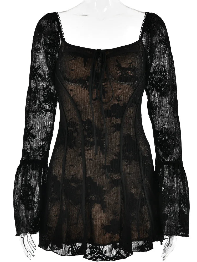 Ladies Elegant Lac-up Square Neck Patchwork Long Sleeve Mini Dress