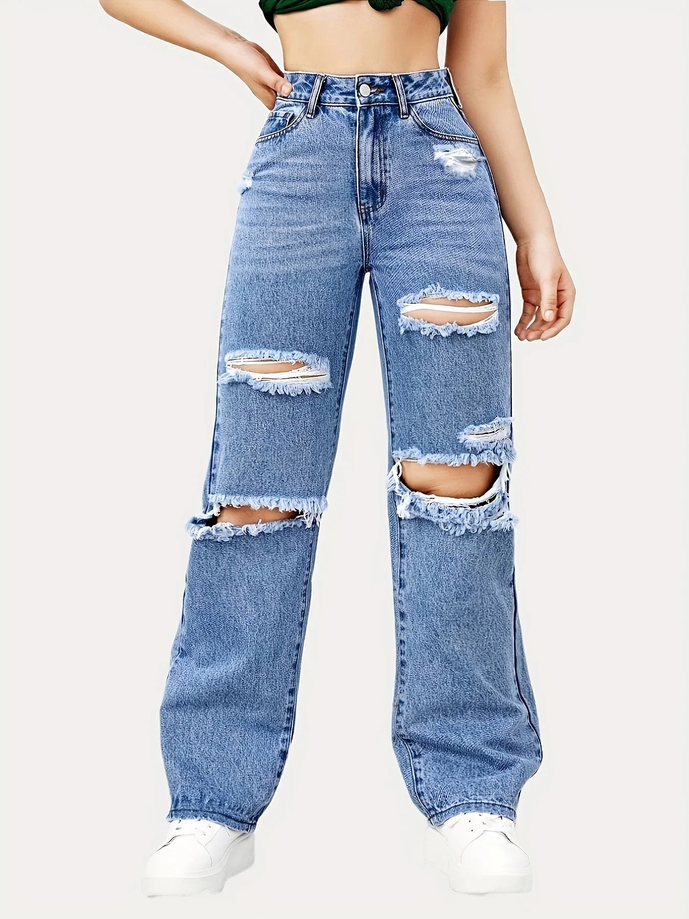 Blue Ripped Baggy Straight Jeans