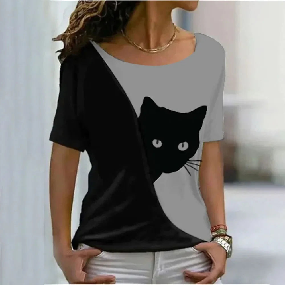 Women Harajuku Casual Cat Print Tops