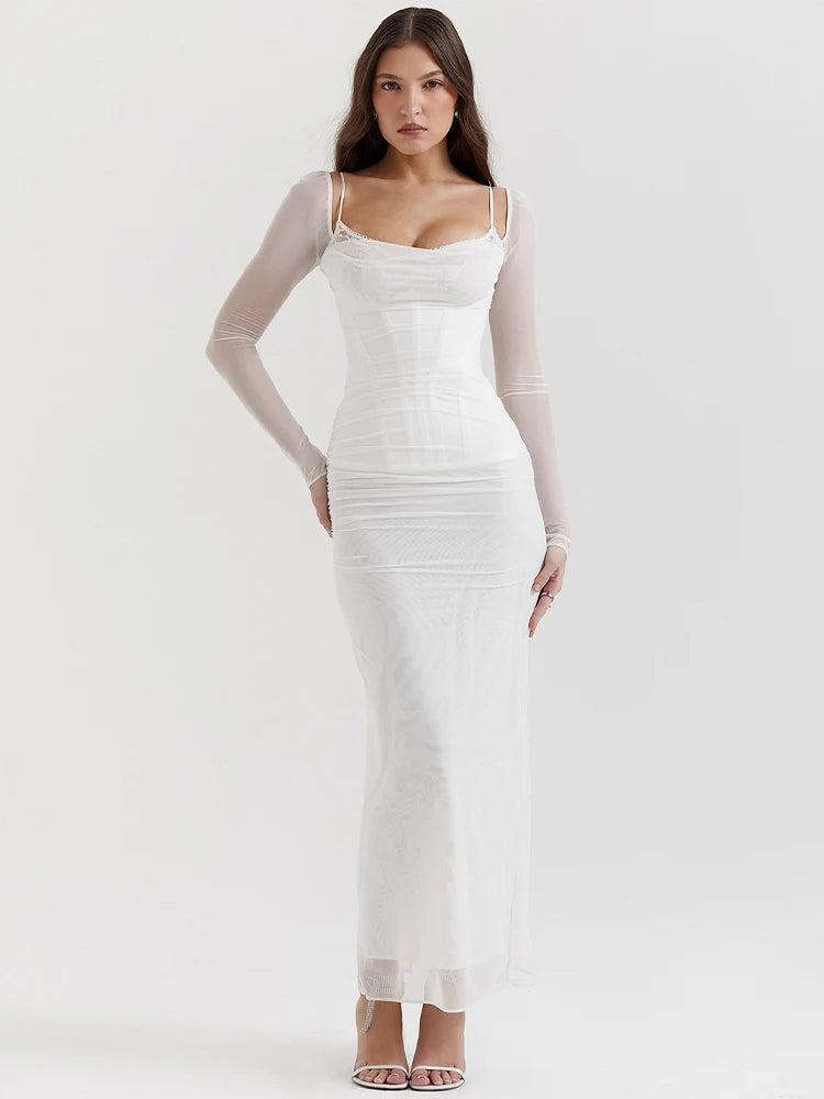 Double Layer Women Sexy Solid Midi Dress
