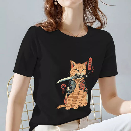 Orange Cat Pattern Printing Slim Round Neck Commuter Black T-shirt