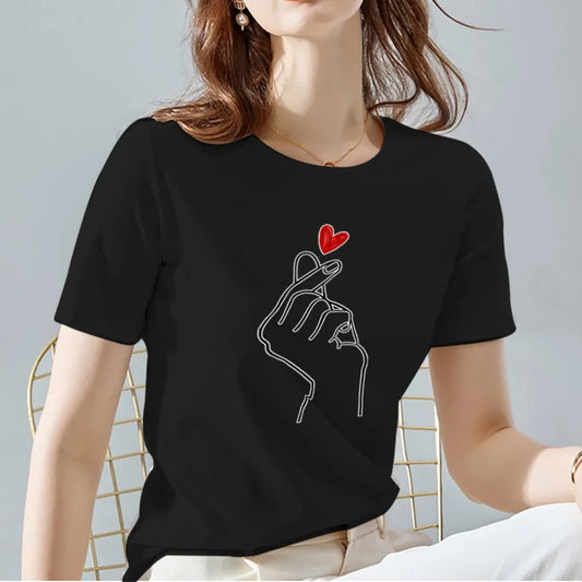 Ladies T-Shirts O Neck Love Heart Pattern Print