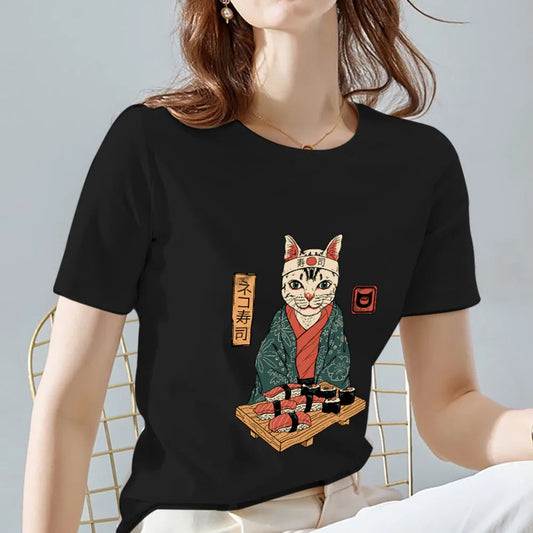 Orange Cat Pattern Printing Slim Round Neck Commuter Black T-shirt