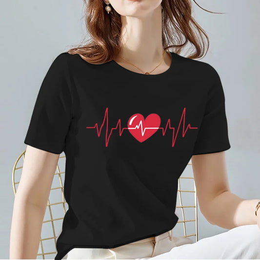 Ladies T-Shirts O Neck Love Heart Pattern Print