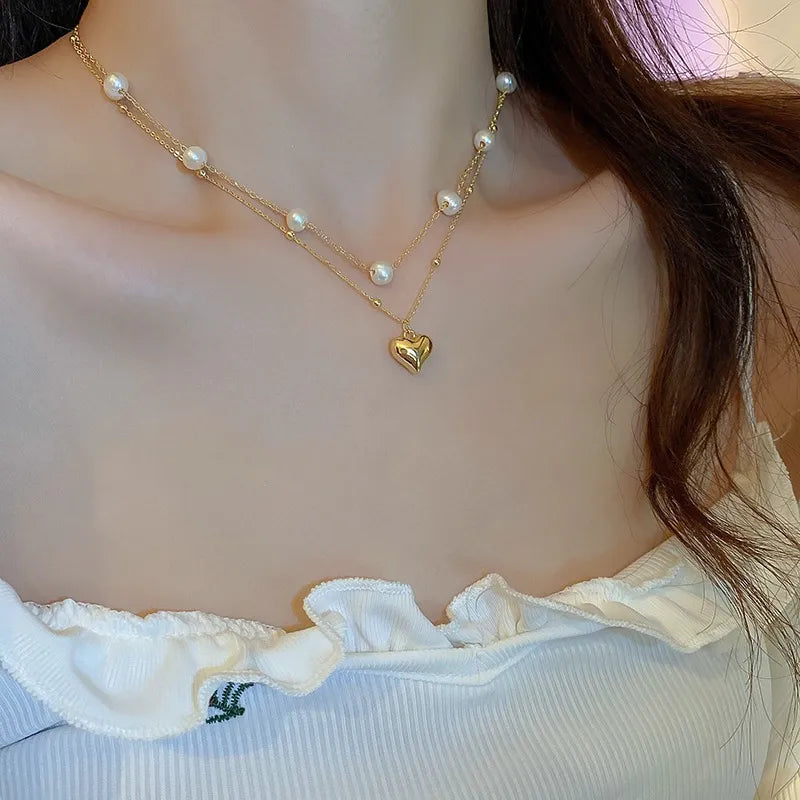 Elegant and Exquisite Double-layer Pearl Love Pendant Necklace