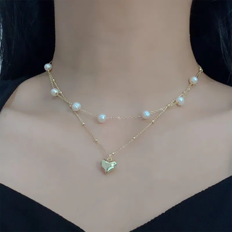 Elegant and Exquisite Double-layer Pearl Love Pendant Necklace