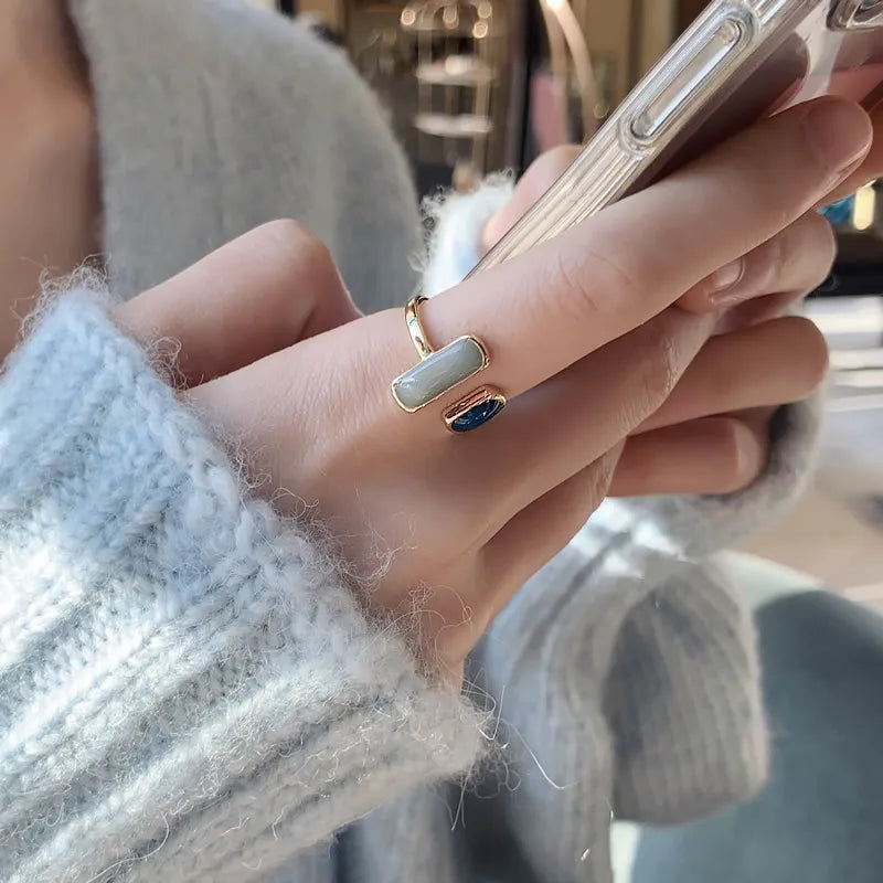 French New Retro Square Blue Oil Dripping Ring