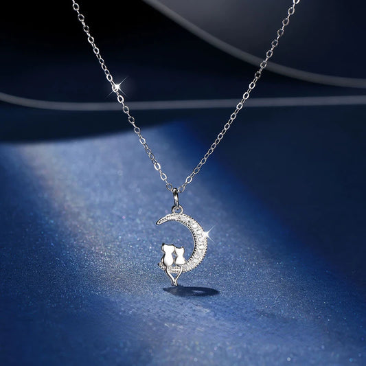 Silver Zircon Moon Cat Necklace