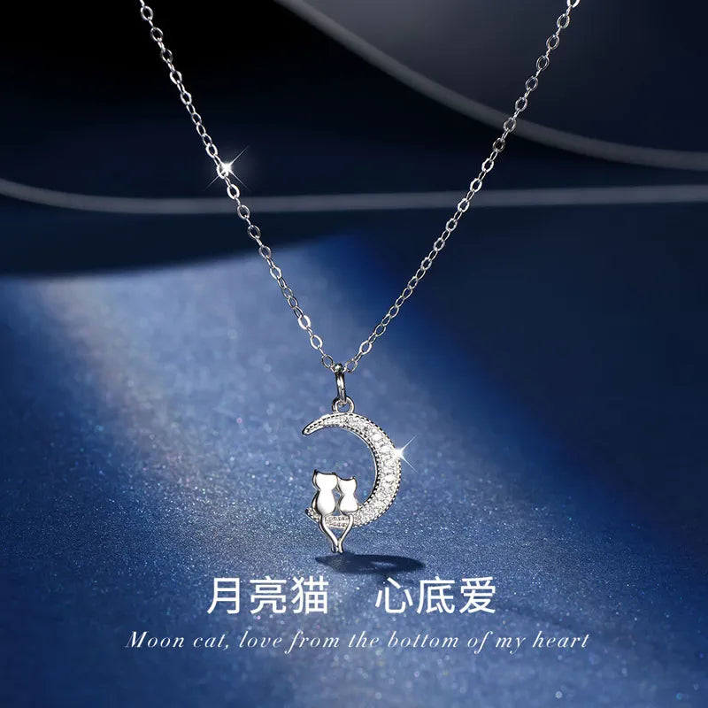 Silver Zircon Moon Cat Necklace