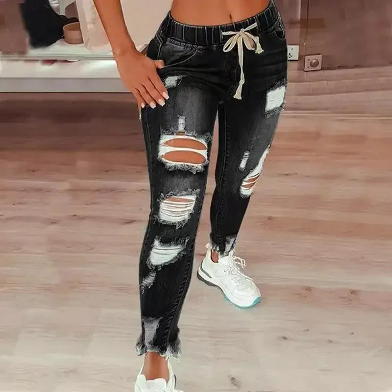 High European and American Waist Ripped Jeans