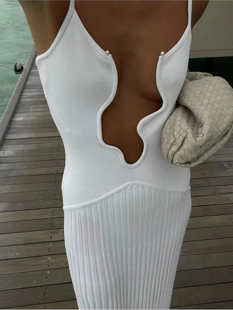 Sexy Wavy Edge Deep V-neck Knitted Maxi Dress