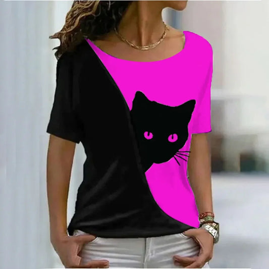 Women Harajuku Casual Cat Print Tops