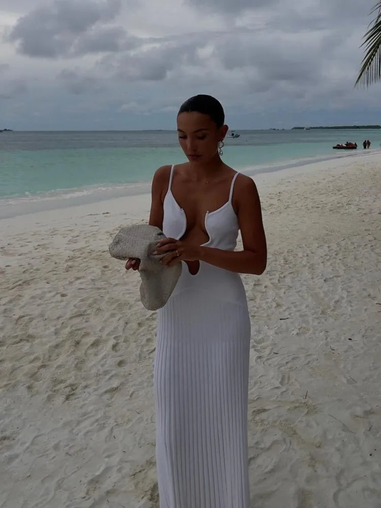 Sexy Wavy Edge Deep V-neck Knitted Maxi Dress