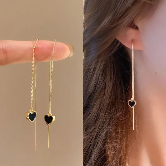 Black Heart Ear Line Long Hanging Earrings