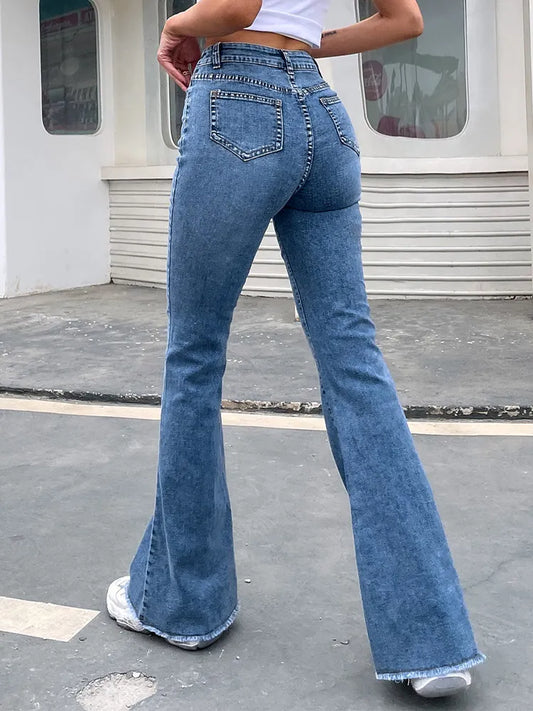 Button Fly Women's Raw Hem Flare Jeans