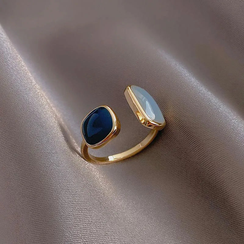 French New Retro Square Blue Oil Dripping Ring